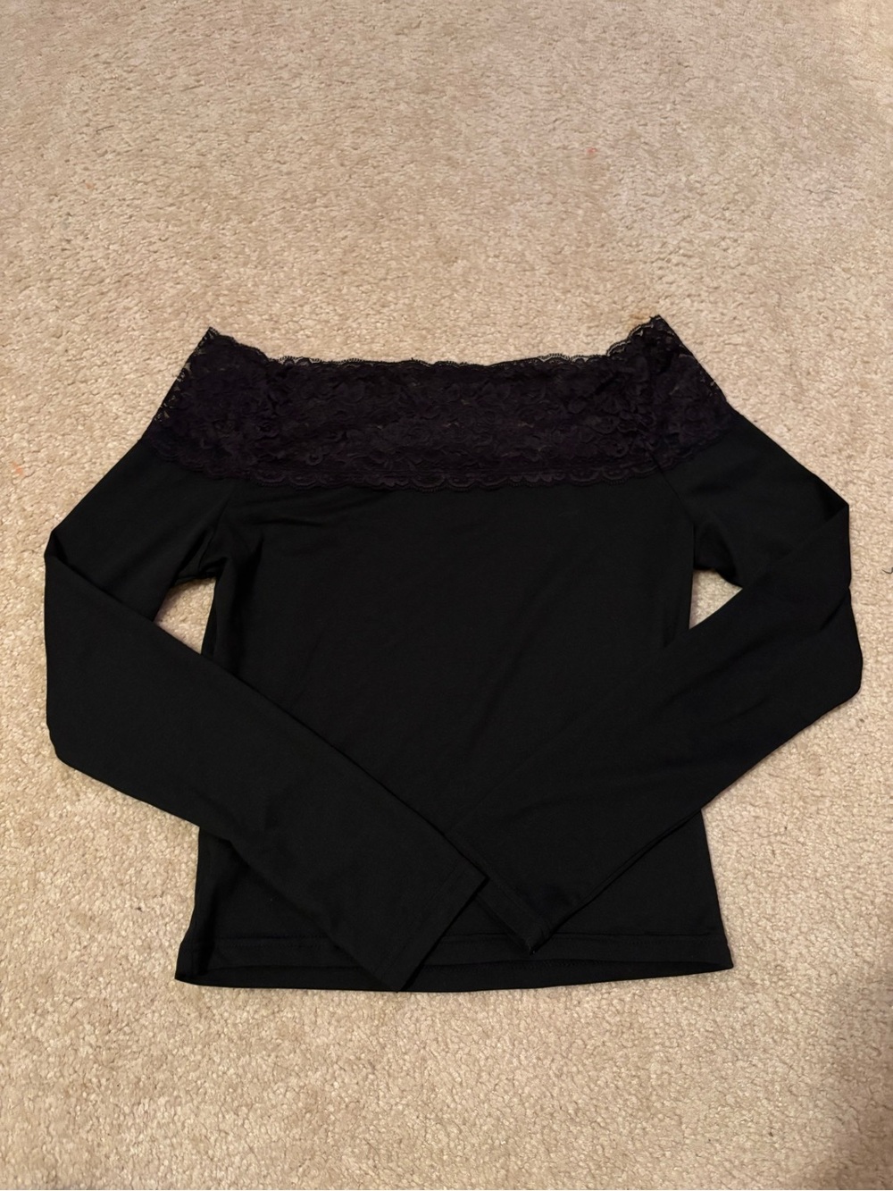 SHEIN Black Off-Shoulder Lace Trim Long Sleeve Top